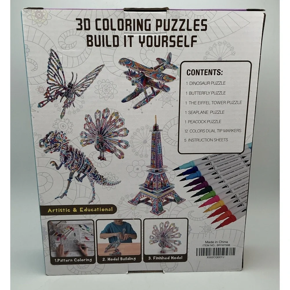 Bearun 3D Coloring Puzzles: Eiffel‎ Tower, Dinosaur, Peacock, Plane, More NIB